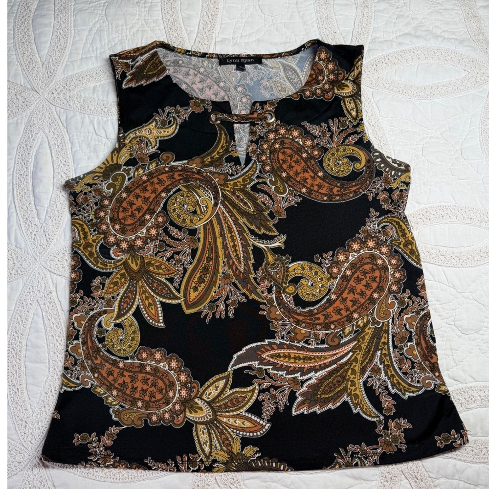 Lynn Ryan Paisley Sleeveless Top Career Retro Business Black Keyhole Neck Large